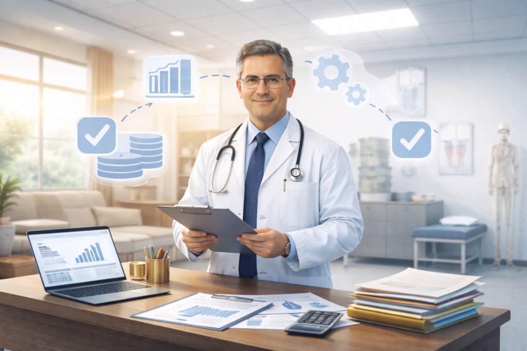 Médico em seu consultório precificando